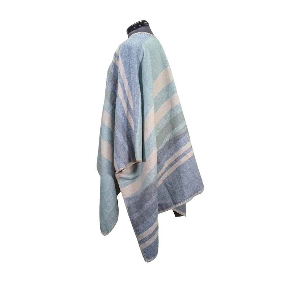 World‎ Market Striped Ruana Wrap Poncho Shawl Blue Cream One Size Boho